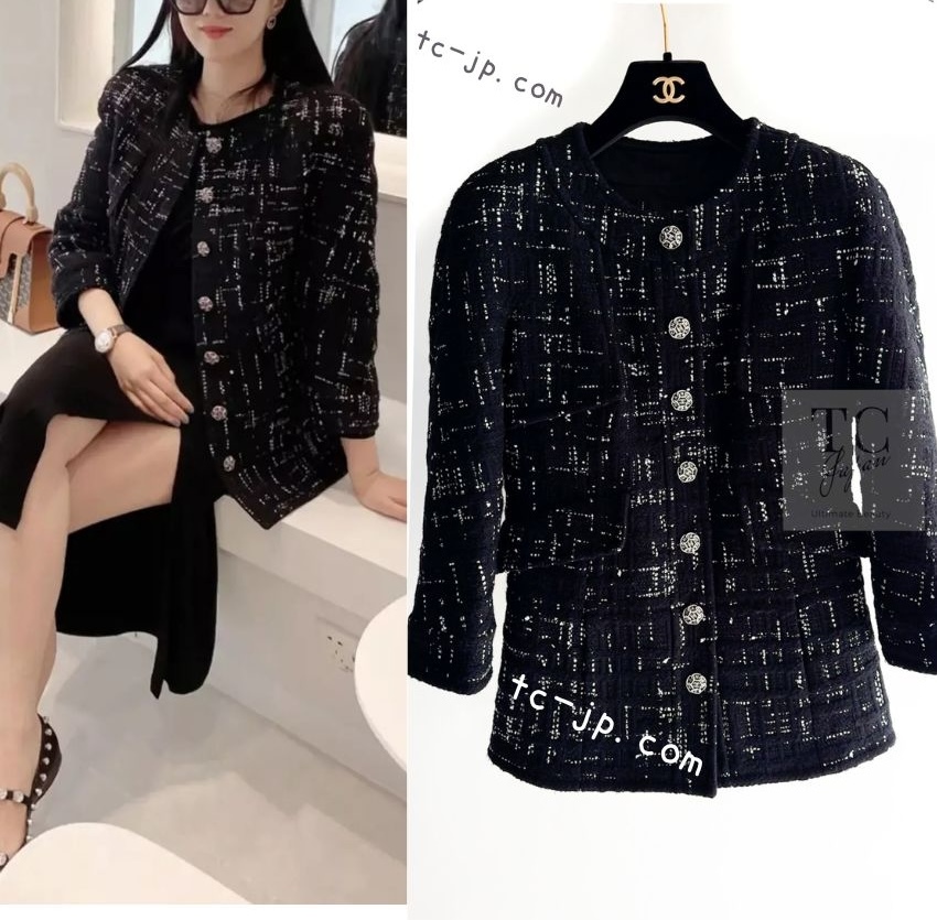 シャネル コート ジャケット CHANEL ブラック 黒 ホワイト CC ココボタン ノーカラー カールラガーフェルド 予備布付き 超美品 34拍卖