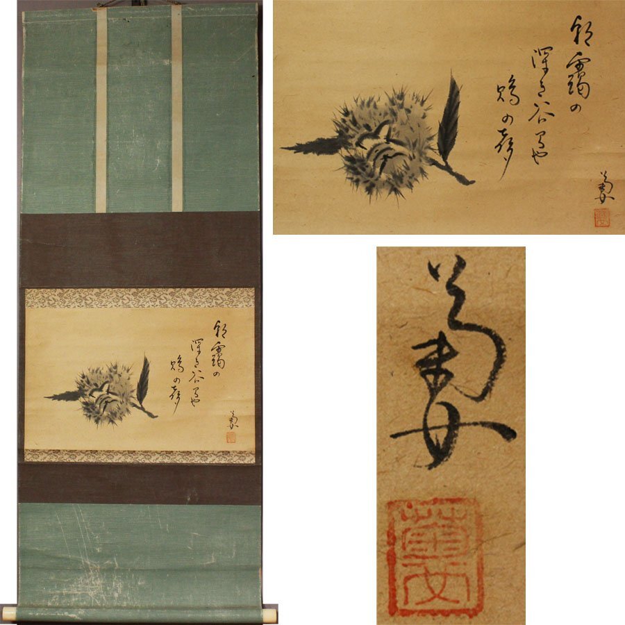 《源》【即決・送料無料】掛け軸 菊女 自画讃句 彩色『毬栗図』/軸装拍卖