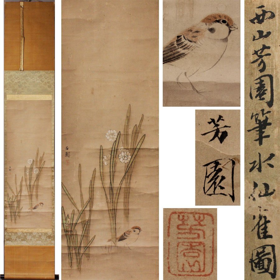 《源》【即決・送料無料】掛け軸 西山芳園 筆「水仙・雀図」/箱付拍卖