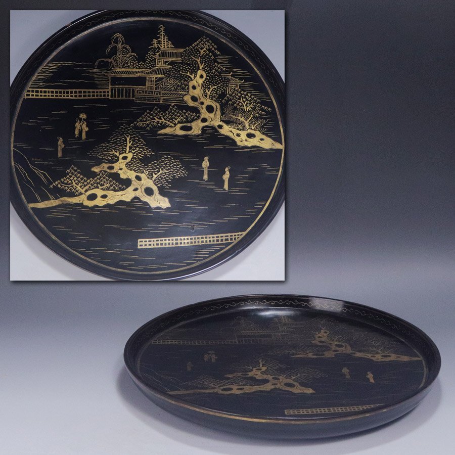 《源》【即決・送料無料】《江戸中期》古琉球 黒漆 箔絵 楼閣人物 蒔絵入 時代物 香盆/箱付拍卖