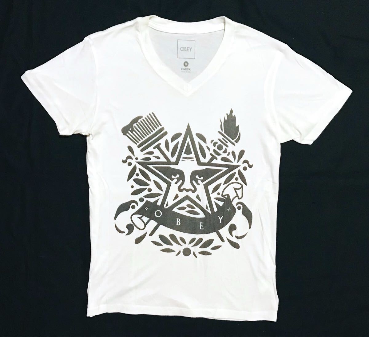 VネックTシャツ【OBEY】サイズS/Vネック/ホワイト/グラフィティ拍卖
