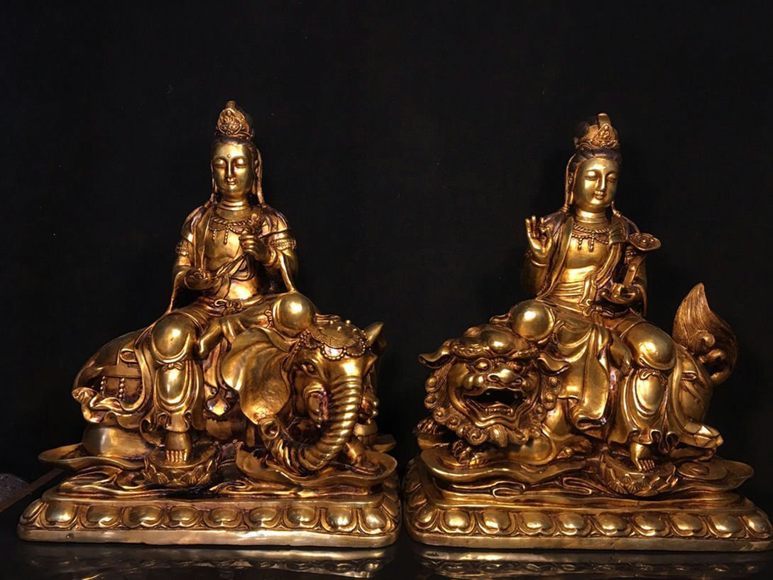 ■観心・時代旧蔵■C7885清時代 純銅塗金 文殊菩薩仏像 細工彫刻★仏教古美術★仏像★細密細工★廃寺旧蔵★廃寺買出品拍卖