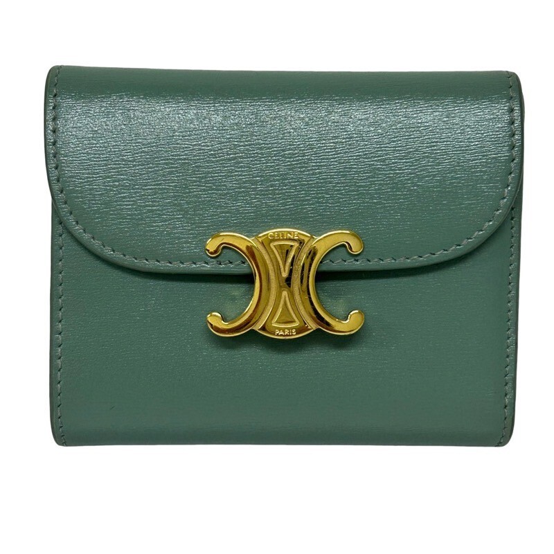 CELINE セリーヌ トリオンフ スモールフラップウォレット 三つ折り財布 グリーン カーフスキン レディース 【中古】 42505R16拍卖