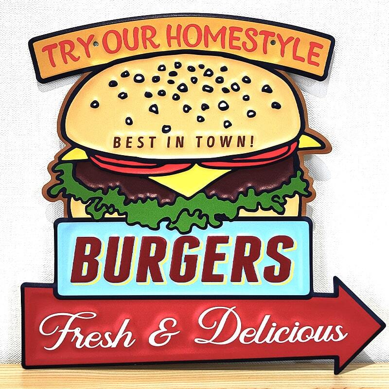ブリキ看板 ハンバーガー エンボスプレート アメリカン インテリア BURGERS かわいい ディスプレイ お店 レストラン カフェ 店舗拍卖