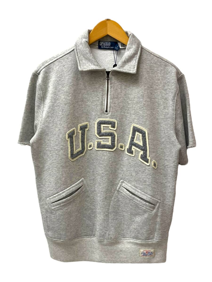 POLORALPH LAUREN (ポロラルフローレン) USA 刺繍 半袖 カットオフ スウェット ハーフジップ 裏起毛 TALON ZIP S グレー メンズ/065拍卖