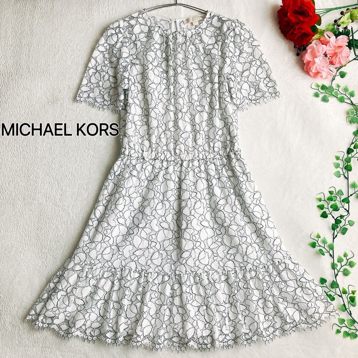 MICHAEL KORS マイケルコース★総レース Aライン ティアード ワンピース 花柄 ホワイト×ブラック【美品】【手洗い可】【オケージョン】拍卖