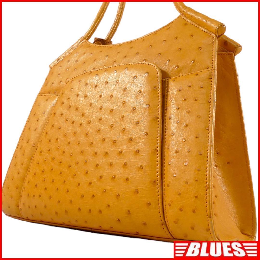 即決★N.B.★オールレザーハンドバッグ オーストリッチ 茶 キャメル 本革 手提げバッグ 本皮 ベロア 旅行 カバン 出張 鞄拍卖