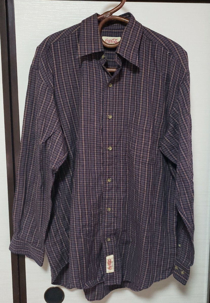 コカ・コーラ Coca-Cola 長袖 チェック シャツ Lサイズ 1998年 ブラウン拍卖
