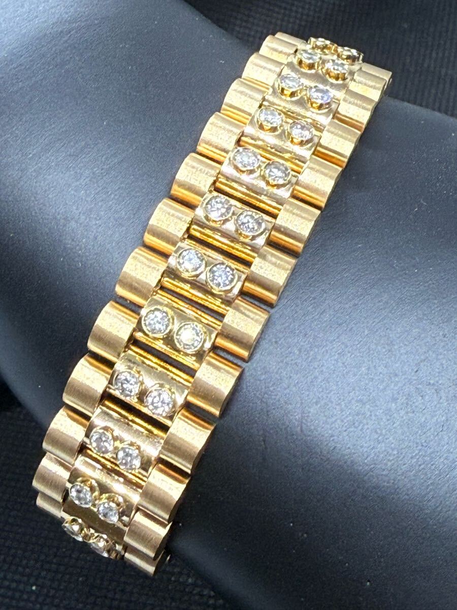 希少 K18 ブレスレット ダイヤモンド 3.66ct 金無垢 イエローゴールド 時計ベルト型 メンズ 貴金属 アクセサリー拍卖