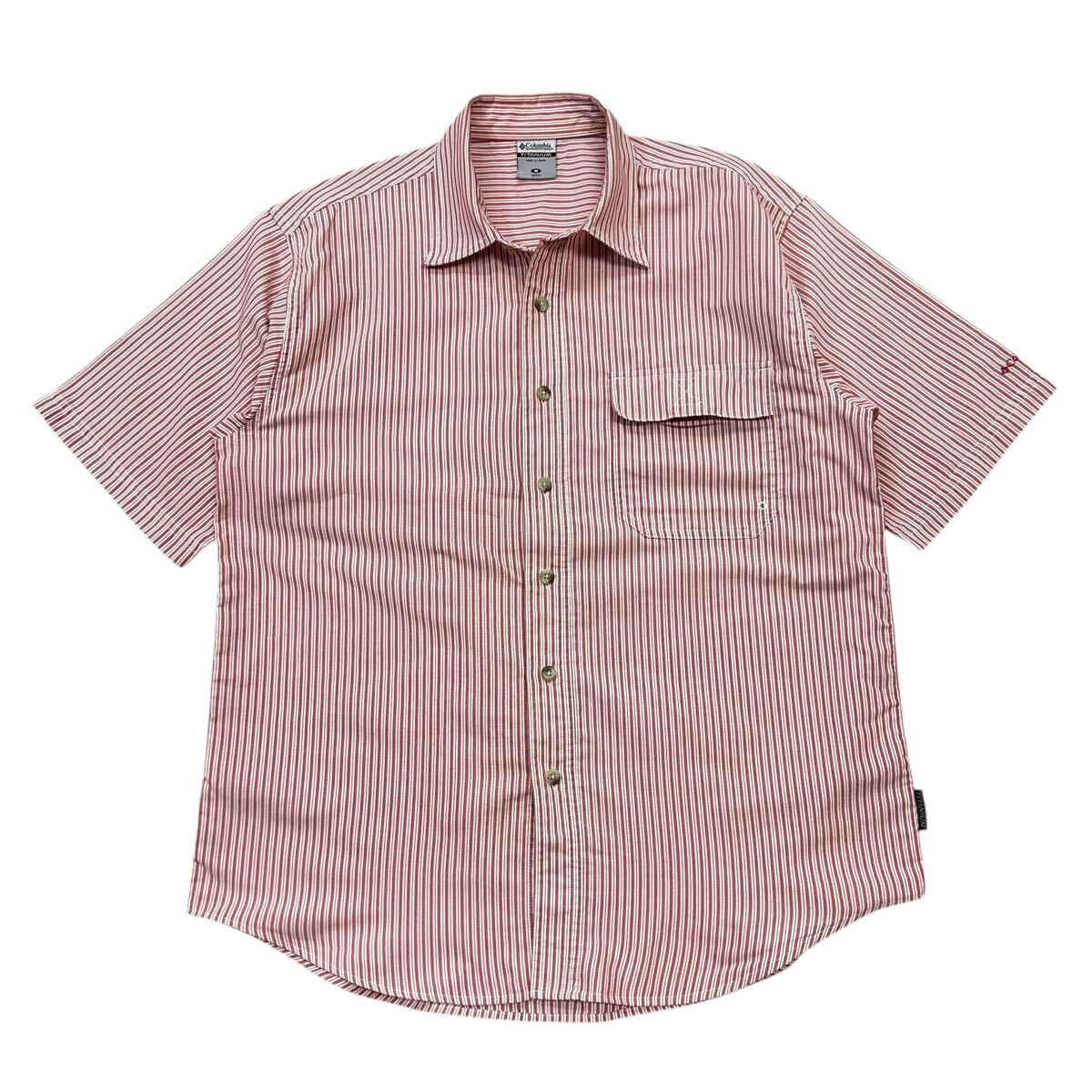 良品 Columbia/コロンビア OMNI DRY 半袖シャツ メンズM レッド/ストライプ柄拍卖