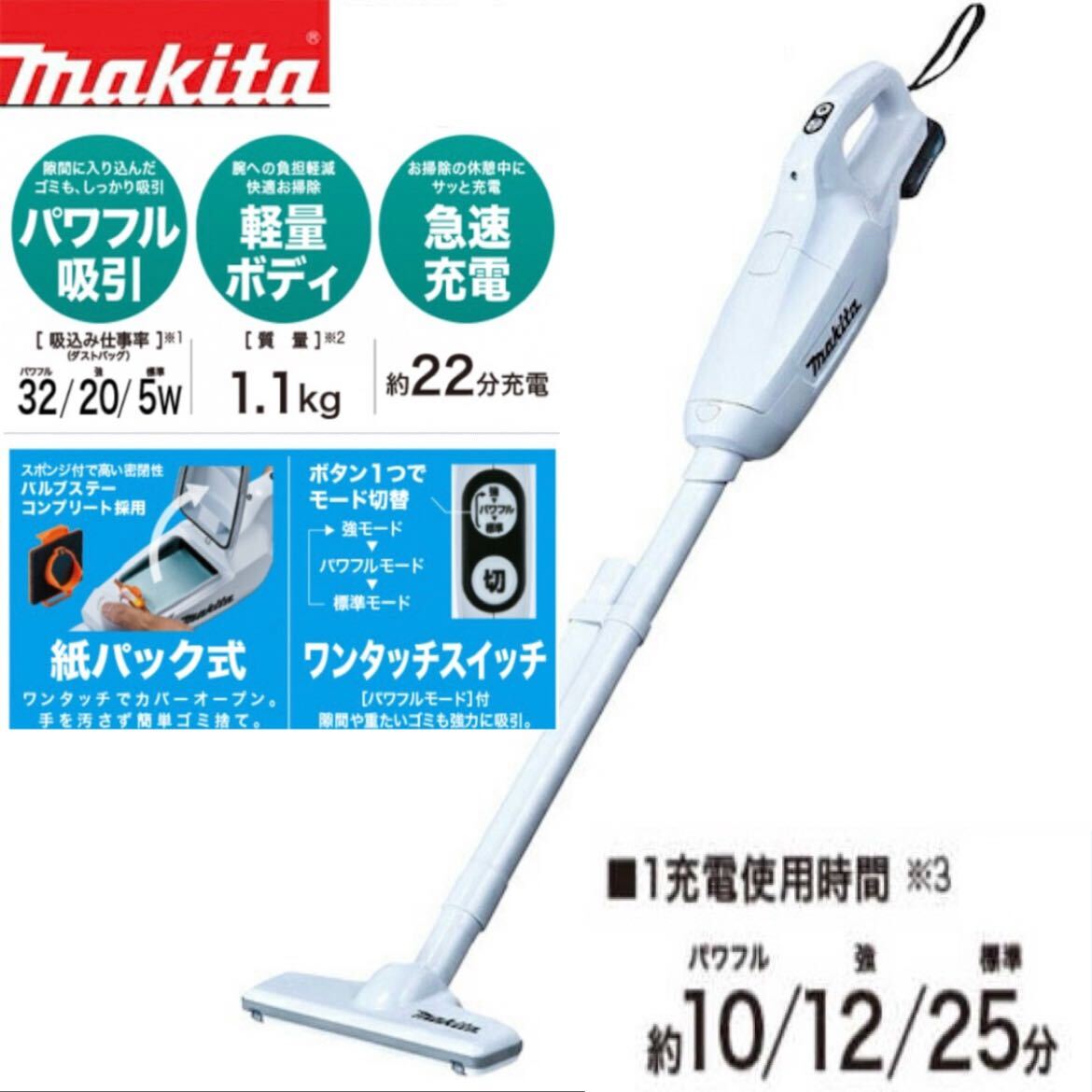 新品 makita マキタ コードレス掃除機 ハンディクリーナー CL107FDZW 10.8V 本体のみ 軽量 コンパクト 紙パック式 8881拍卖
