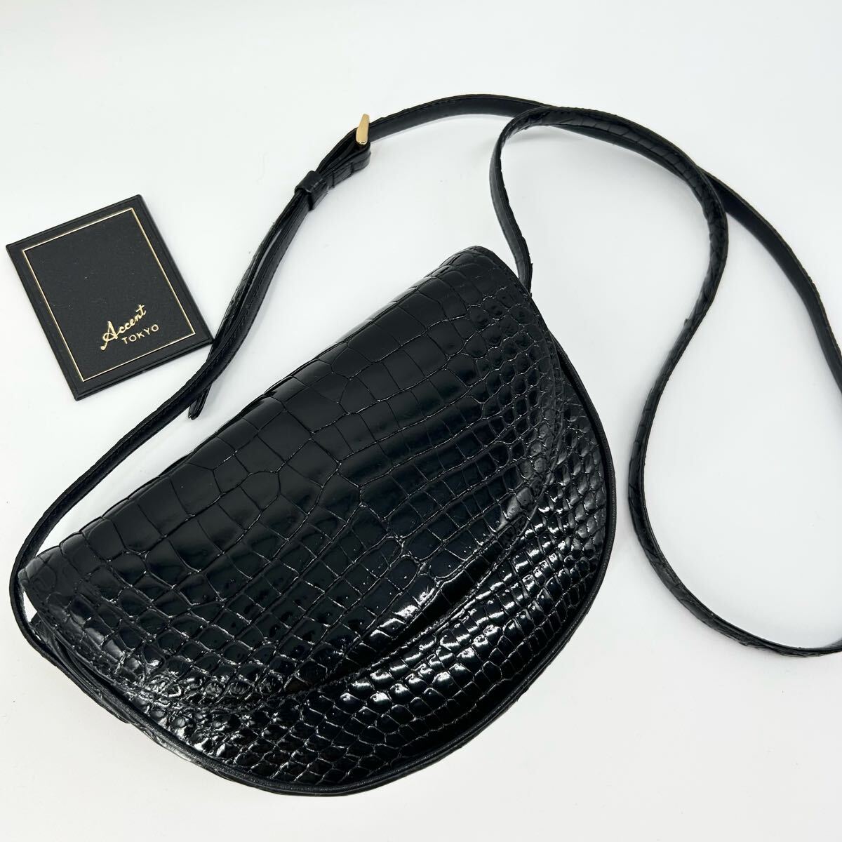 美品◎シャインクロコ ACCENT アクセント 鰐革 クロコダイル レザー ショルダーバッグ 斜め掛け 黒 ブラック レディース ミラー付拍卖