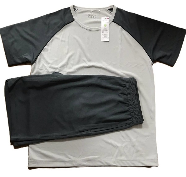 新品 タグ付き イオン メッシュ T スーツ パジャマ 上下セット 薄黒 グレー 半袖 メンズMサイズ メッシュ パジャマ拍卖