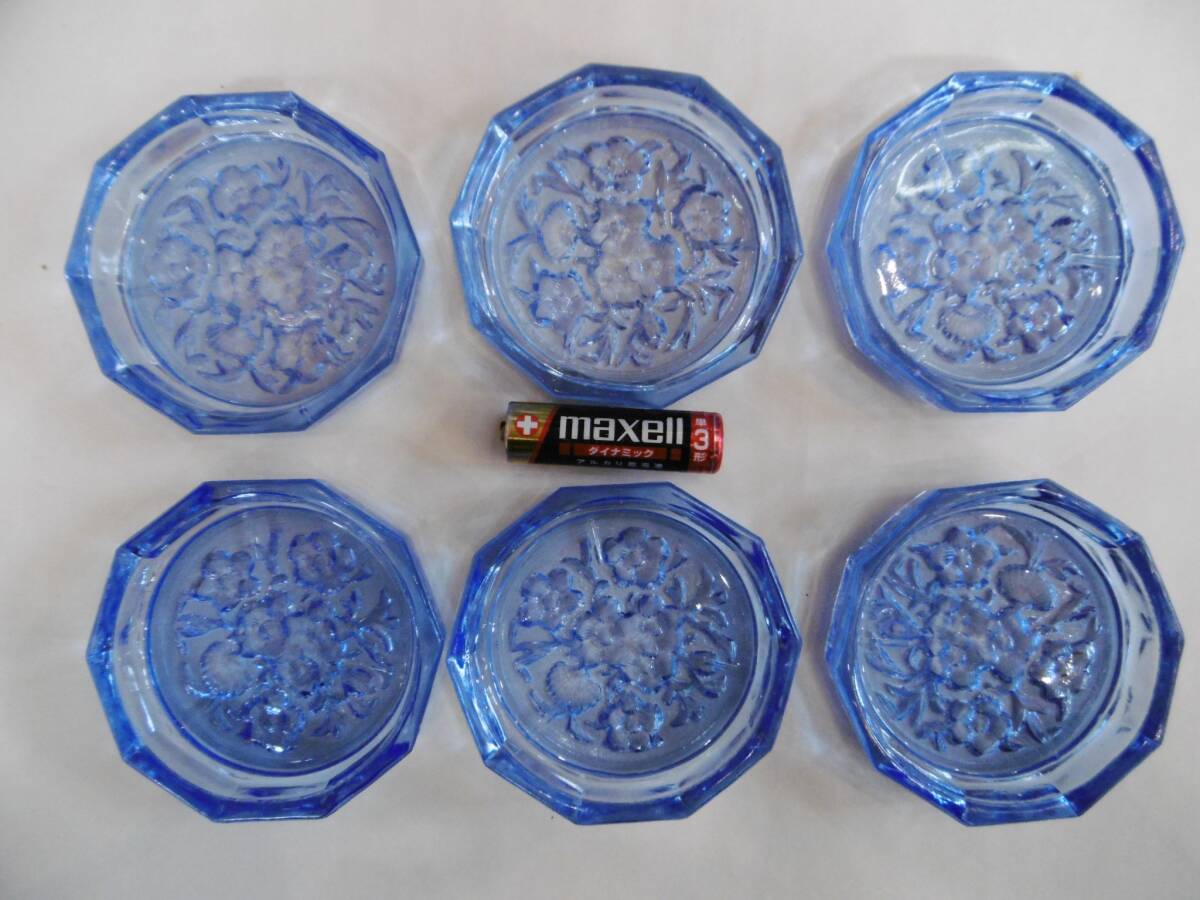 当時物★青ガラスコースター花柄6枚セット/昔硝子雑貨昭和レトロ★拍卖