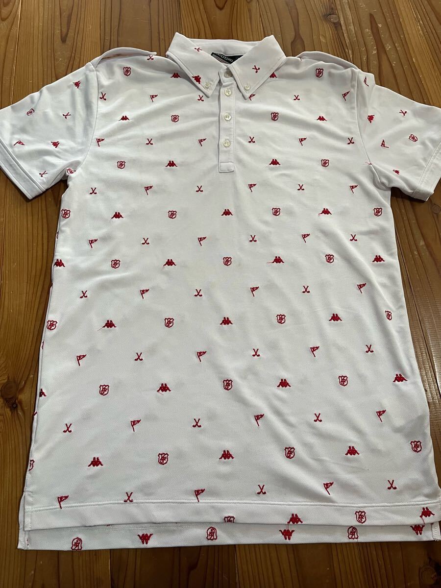 送料込み! Kappa 半袖ポロシャツ ボタンダウン 総柄 Lサイズ ケイパ GOLF ゴルフウェア 刺繍 白 ホワイト 半袖シャツ拍卖