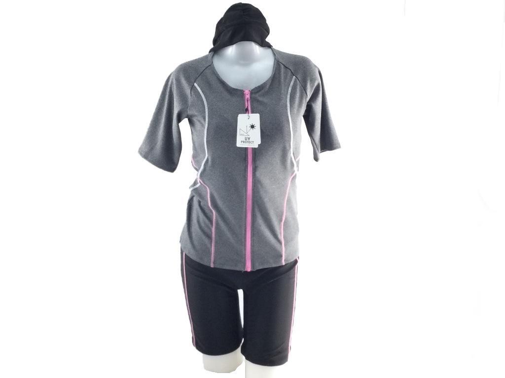レディース水着 3点セット キャップ付 半袖 パワーネット仕様 フィットネス水着 Sサイズ 杢グレー拍卖