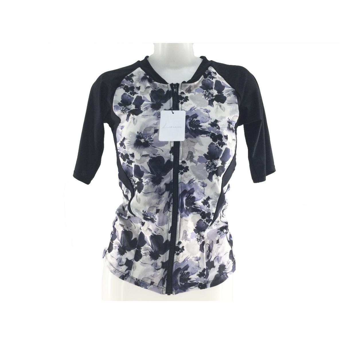 レディース水着 フィットネス補整水着トップス 半袖 MU014 めくれ防止機能付き L バスト86~94cm モダンフラワー柄 ネイビー系拍卖