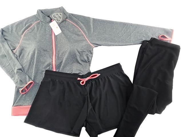 レディース水着 3点セット 長袖 10分丈レギンス フレアパンツ フィットネス 体型カバー 大きいサイズ 8L 杢チャコール拍卖