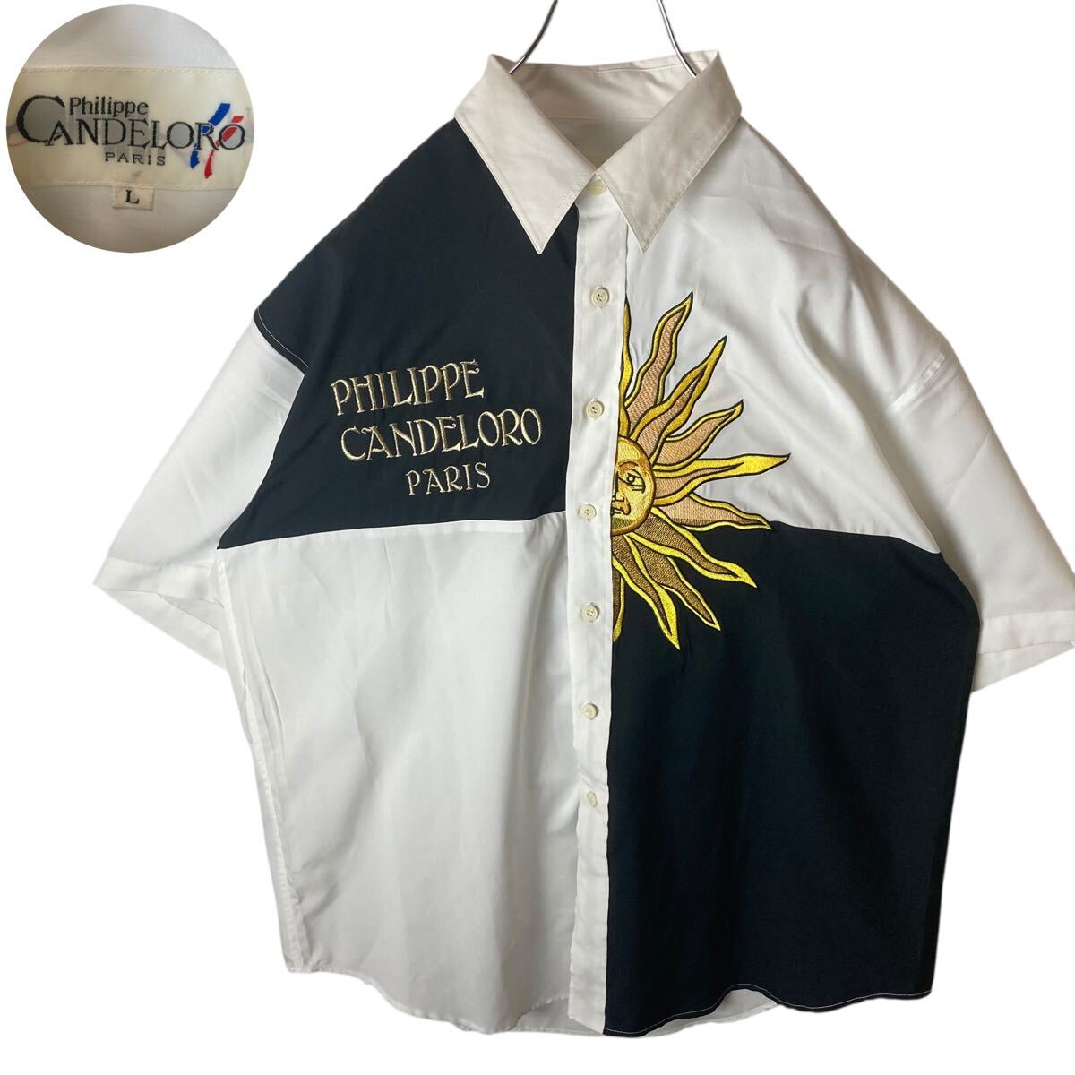 レトロ古着ビッグ太陽柄アシンメトリーデザインテロテロ素材シャツゆったりサイズ拍卖