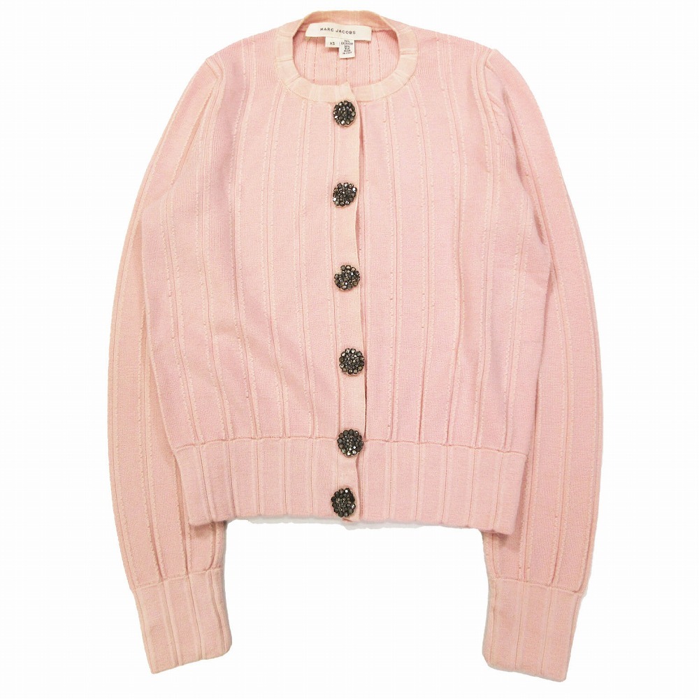 マークジェイコブス MARC JACOBS シルク混 ウール ニット カーディガン クルーネック ビジューボタン カットソー XS ピンク ur260拍卖