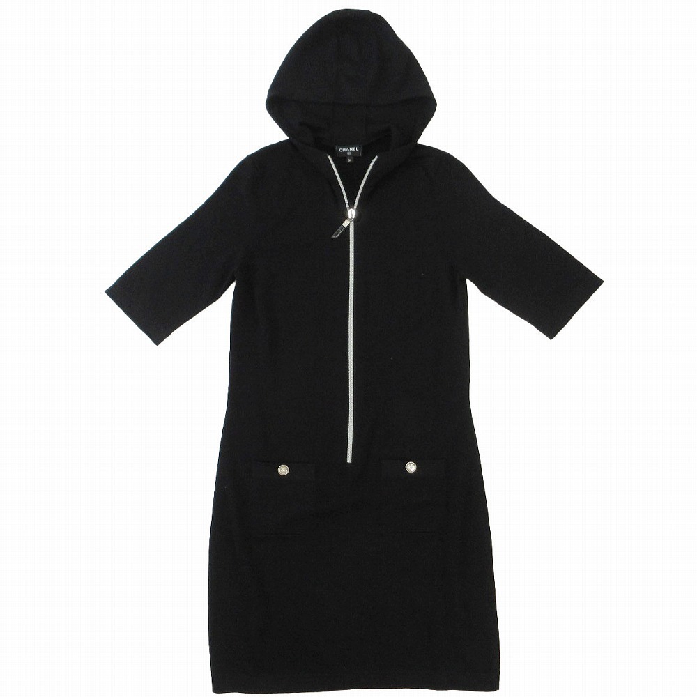 極美品 CHANEL シャネル P78647K11372 ハーフジップ カシミヤ混 ワンピース ココマークロゴボタン ブラック サイズ36 レディース拍卖