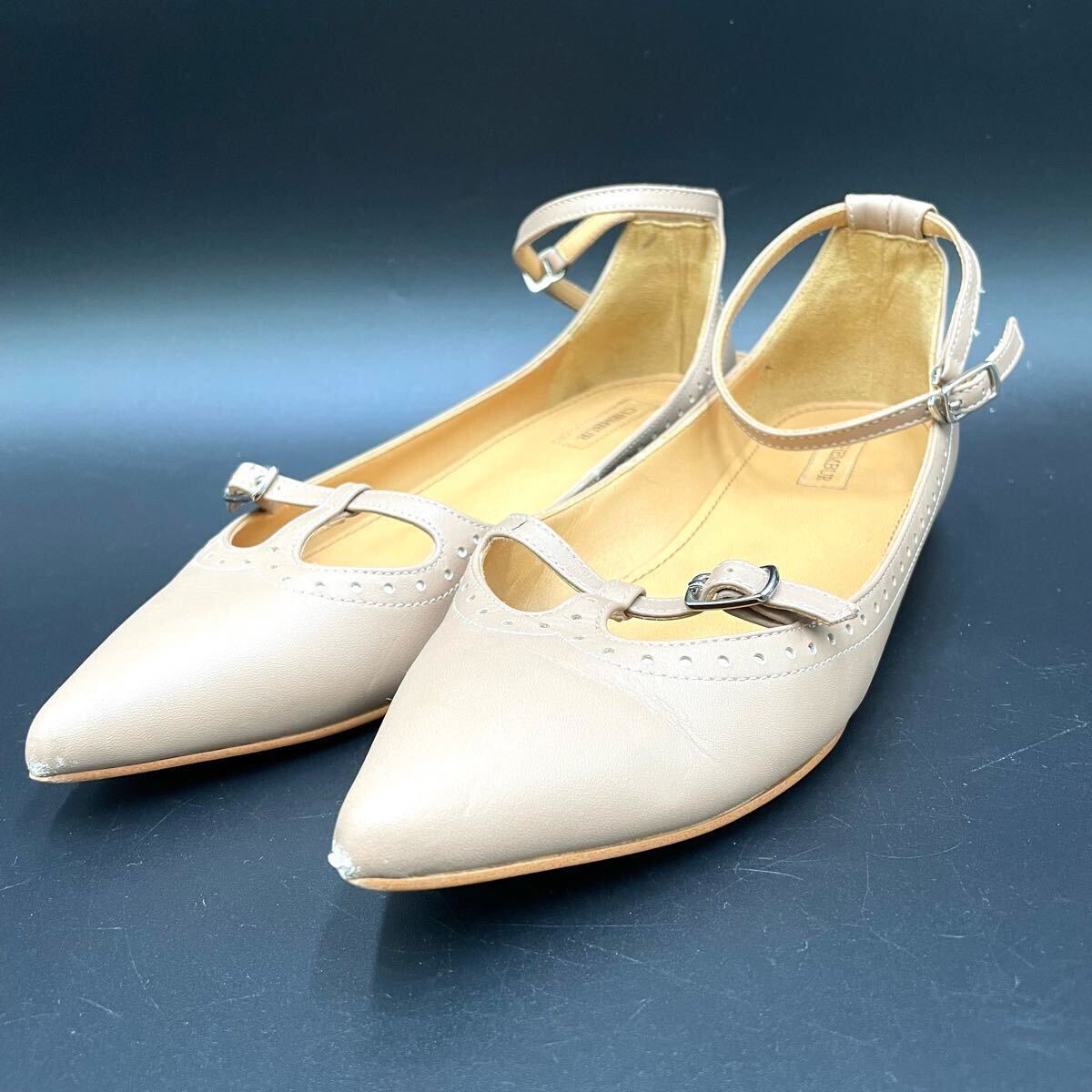 ○ 人気モデル!! '日本製' CHEMBUR チェンバー メダリオンレザー フラット パンプス アンクルストラップ size35 22cm レディース シューズ拍卖