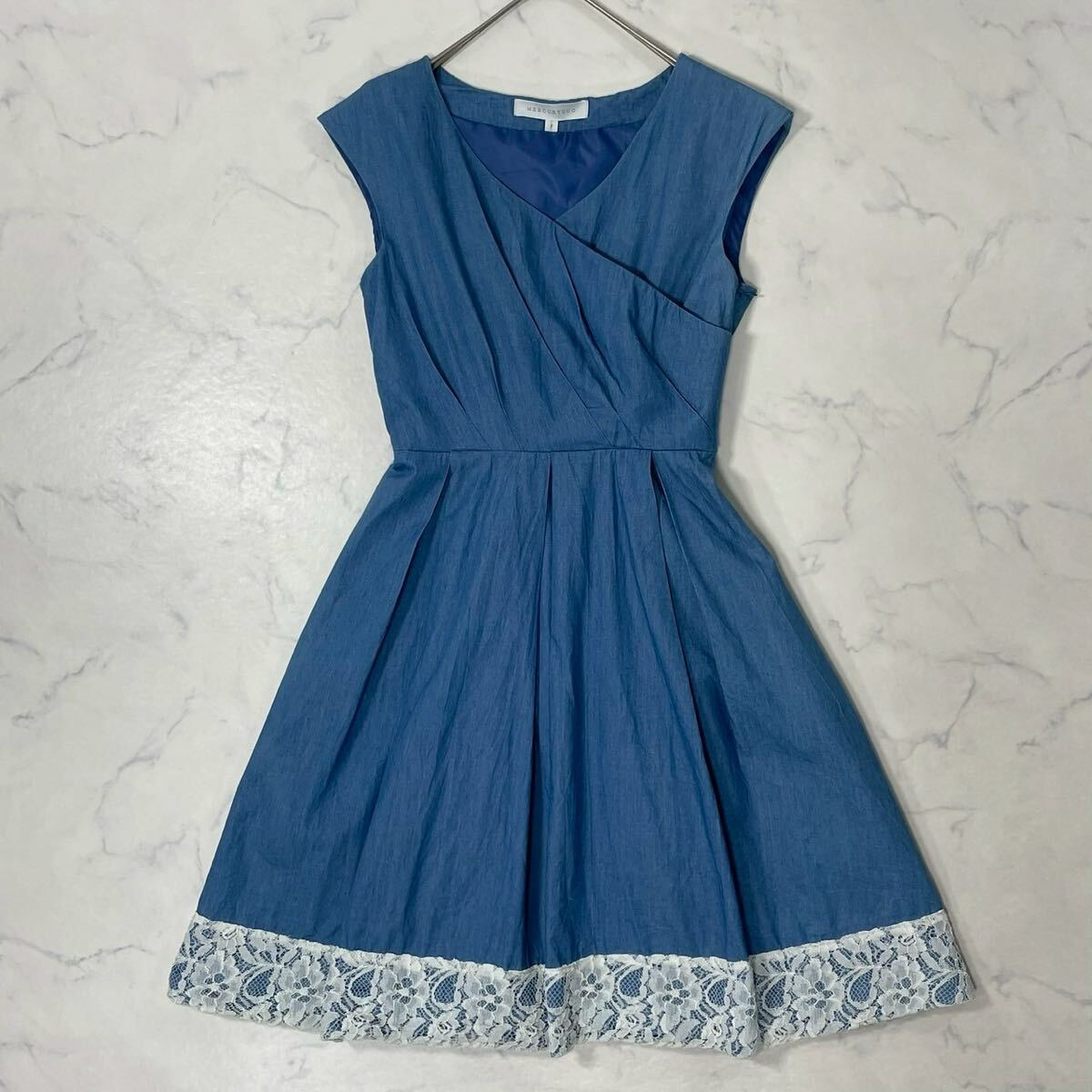 MERCURYDUO マーキュリーデュオ 切替 異素材 裏地付き 後ろウエストゴム レース タック ボックス ノースリーブ フレア ひざ丈 ワンピース F拍卖