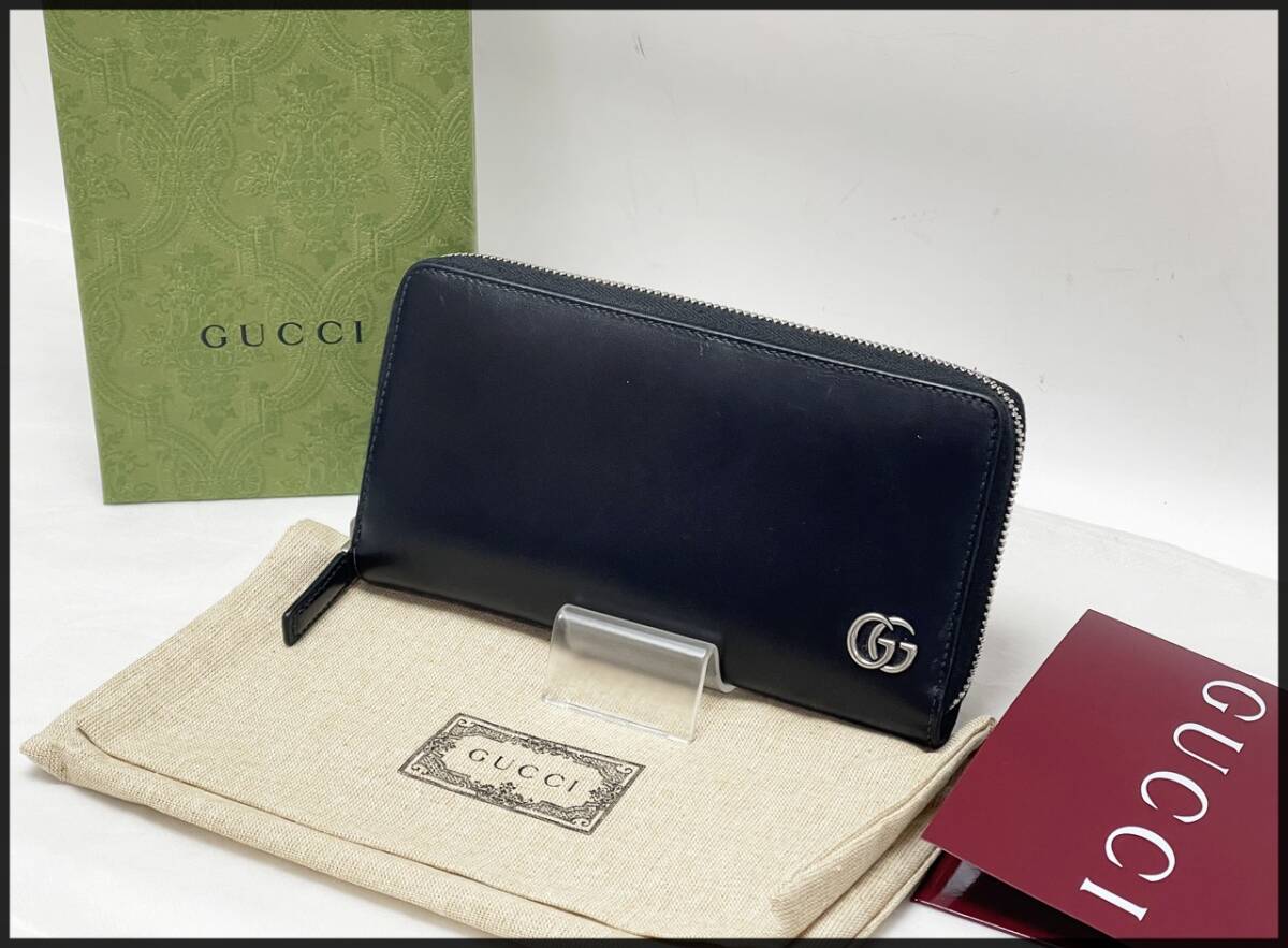 美品 グッチ ダブルG レザー ジップアラウンドウォレット 428736 ブラック GGマーモント ラウンドファスナー長財布 領収書可拍卖