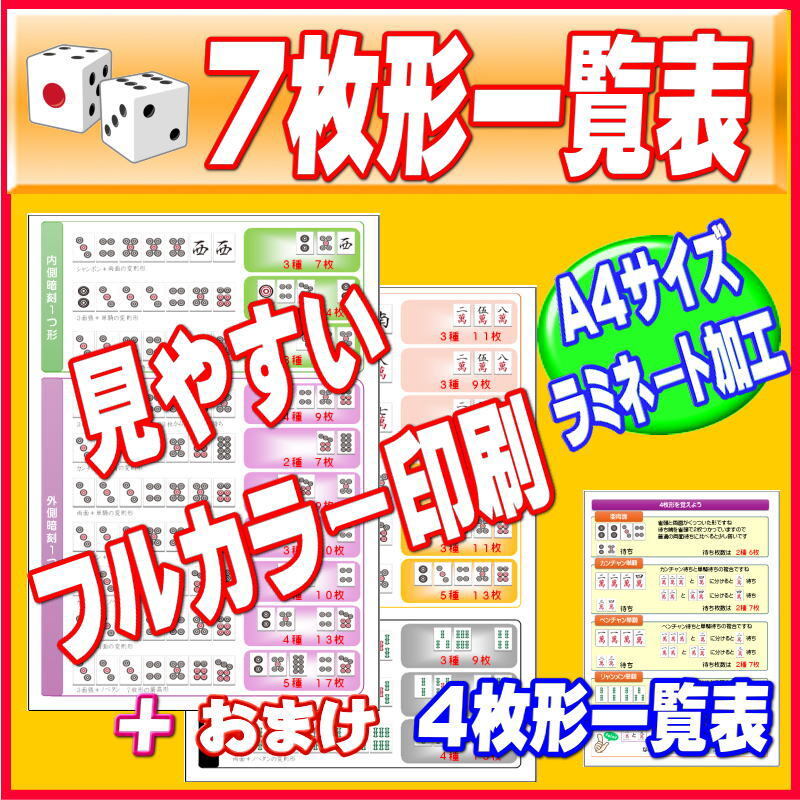 【麻雀7枚形一覧表】●多面張に強くなろう●全19種類をフルカラー拍卖
