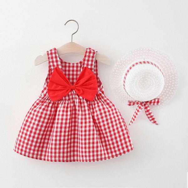 ♪mineka♪キッズコットンチェック柄ワンピース 子供服 ノースリップ 帽子付き 綿製 普段着 通園 遠足 外出 赤 100cm 211483/4T拍卖