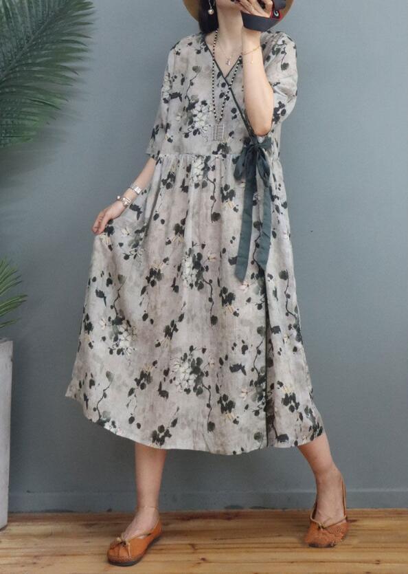 新品ゆったり ワンピース ロングワンピース コットンリネン 綿麻 花柄 総柄 プリント リゾートグレー M-2XLサイズお色選択可拍卖