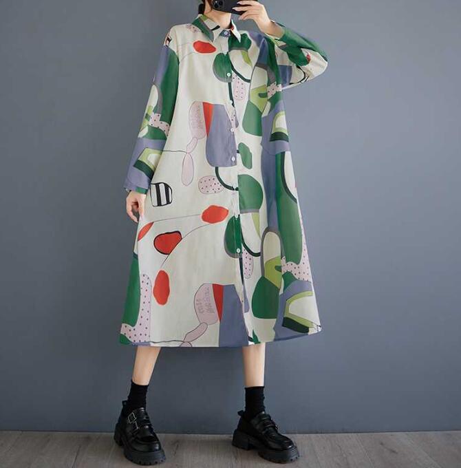 新品レトロ総柄がとってもおしゃれなシャツワンピ新品大きいサイズロング丈コットン風ワンピお色選択可 拍卖