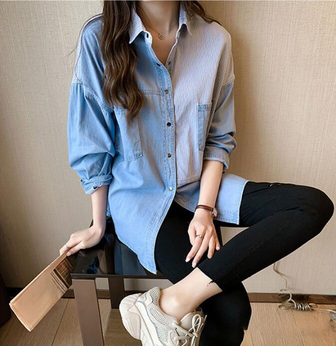 上質M~3XLサイズ春新品レディース カジュアル オフィス ビジネス 大きいサイズ デニム シャツ ブラウス ジャケット トップス ライトブルー拍卖