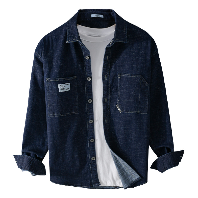 新品L ネイビー デニムジャケットメンズ 長袖 デニム ワークシャツ ウエスタンシャツユーズド加工 インディゴサイズ選択可拍卖
