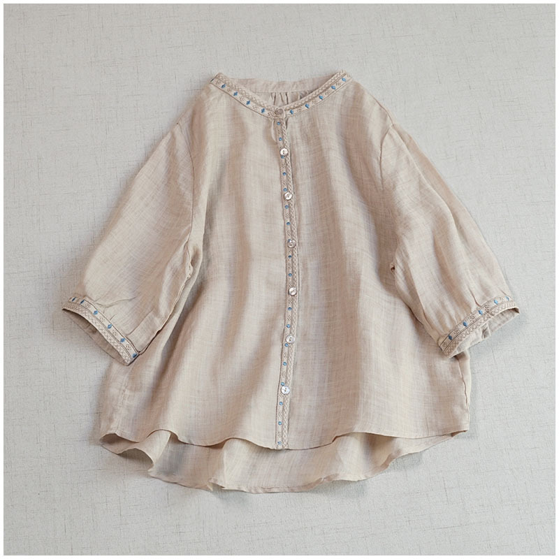 新品刺花柄 チュニック ワイシャツ トップス 麻100% ゆったり オシャレ フリーサイズ ナチュラル ベージュ色お色選択可拍卖