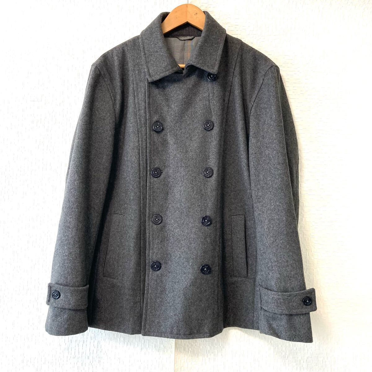 状態良好◎【a.v.v HOMME】アーヴェヴェ ウール混 Pコート ピーコート 通学 通勤 アウター 無地 キレイめ グレー メンズ サイズ50/Y31353UU拍卖