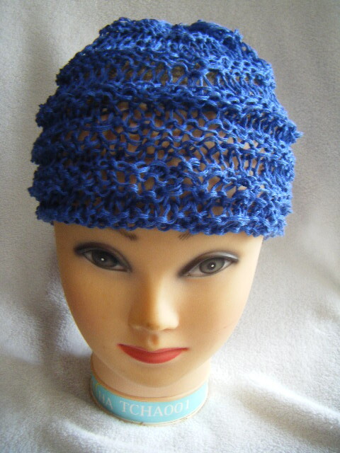 春、夏*耳出し用*手編み男女兼用キャップ*やや艶のある青・リネン 34拍卖