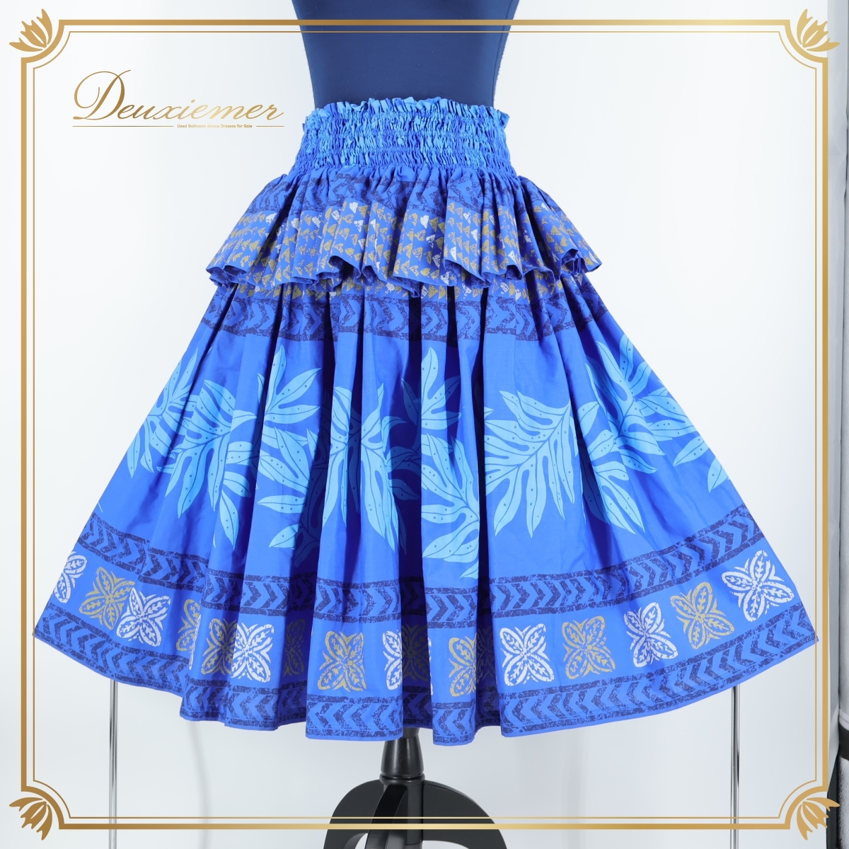 『送料無料』【フラダンス衣装】ブルー パウスカート 青 黒 水色 フリル 爽やか 葉っぱ柄 ハワイアンプリント アロハ ふんわり かわいい拍卖