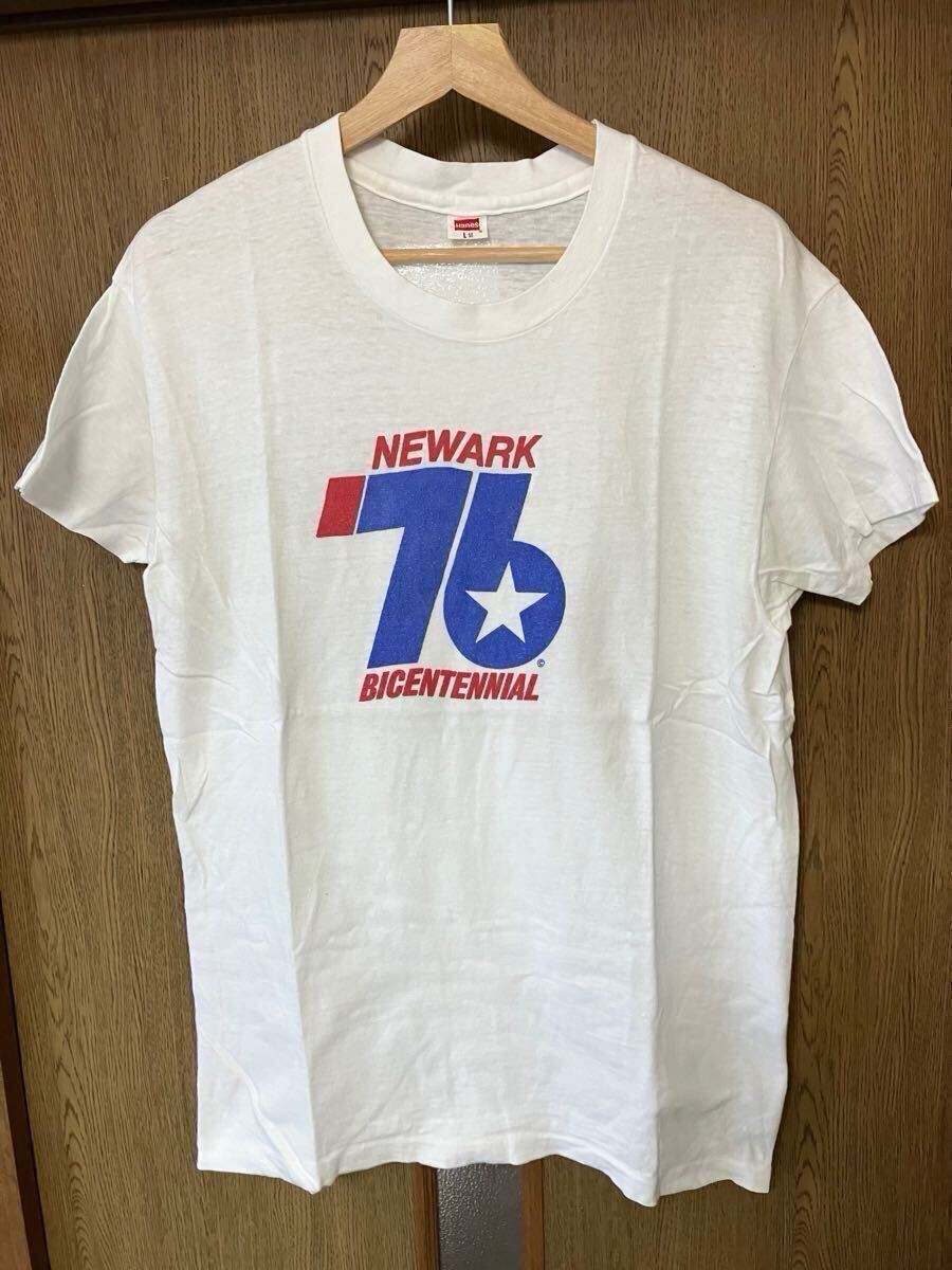 70s HANES レッド フラッグタグ Tシャツ USA製 size L 白 ビンテージ 70年代 染み込み NEWARK BICENTENNIAL 拍卖