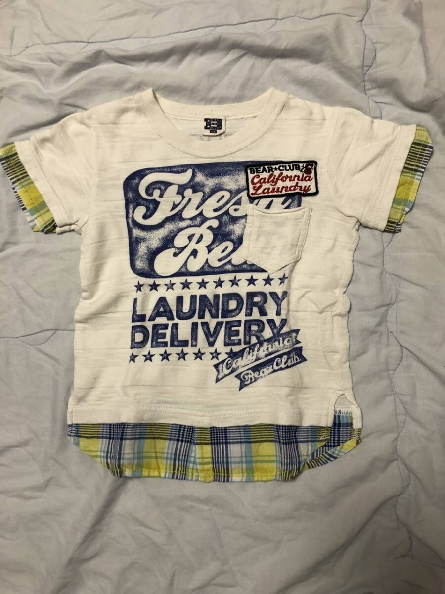 正規店購入 リトルベアークラブ 重ね着風半袖Tシャツ 100cm 白 チェック トップス LITTLE BEAR CLUB ムージョンジョン姉妹ブランド拍卖