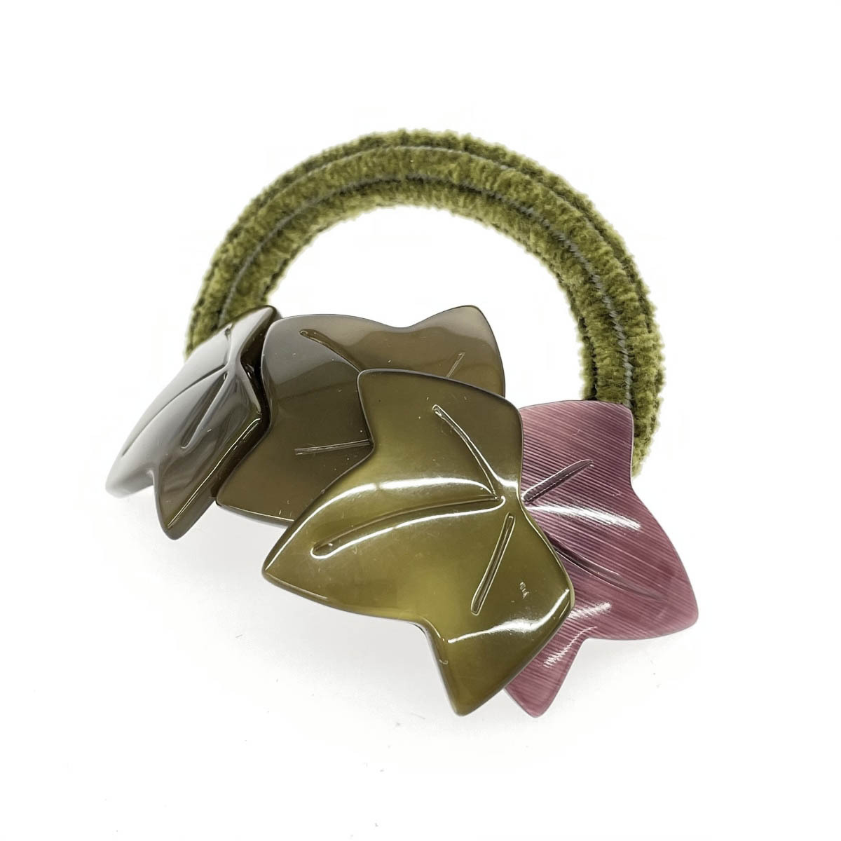 良好◆ALEXANDRE DE PARIS アレクサンドル ドゥ パリ ヘアゴム◆オリーブ×パープル リーフモチーフ レディース ヘアーアクセサリー拍卖