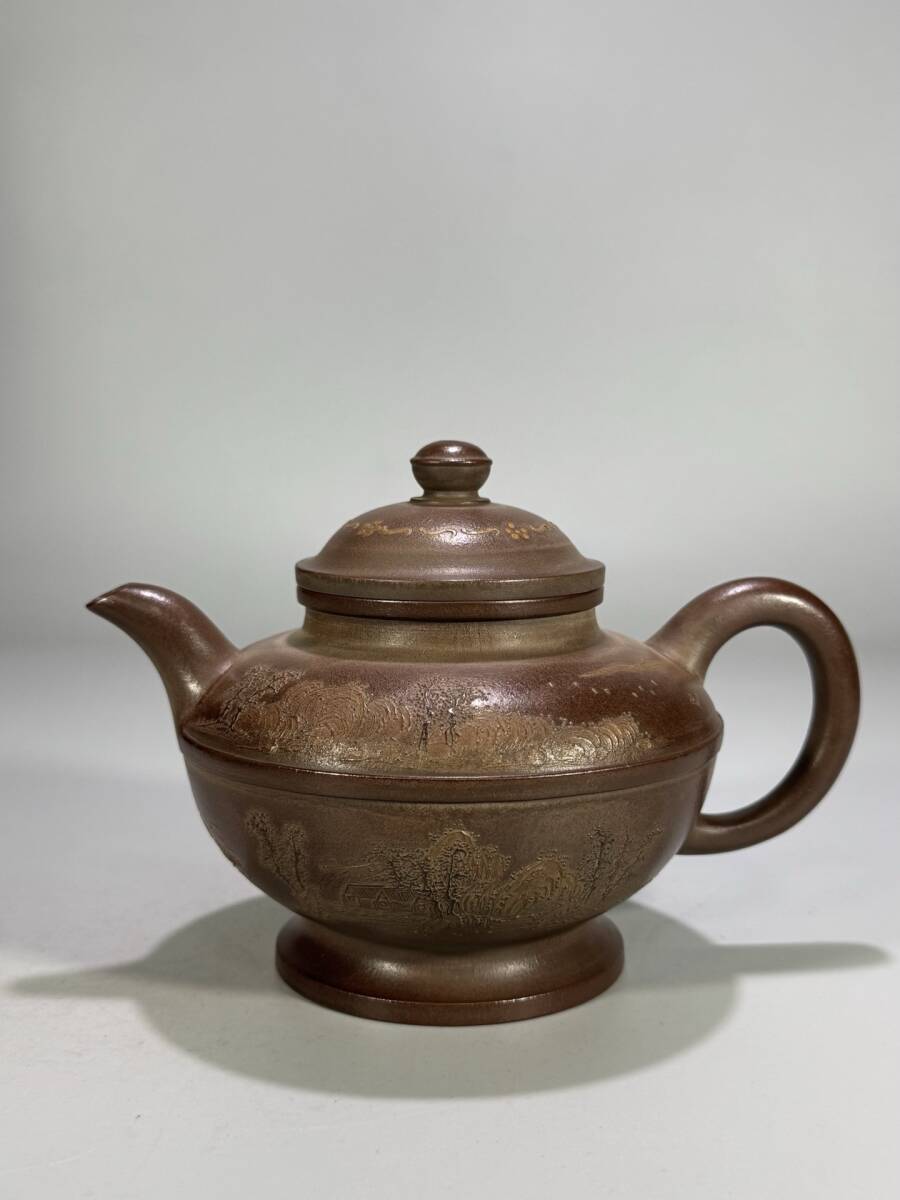 【博古斎】 中国茶器 宜興紫砂【鈍岩&彩画線円宮灯壺】急須常滑 茶壷 紫砂壷 煎茶道具 唐物 時代物 古陶芸 AU-05163拍卖