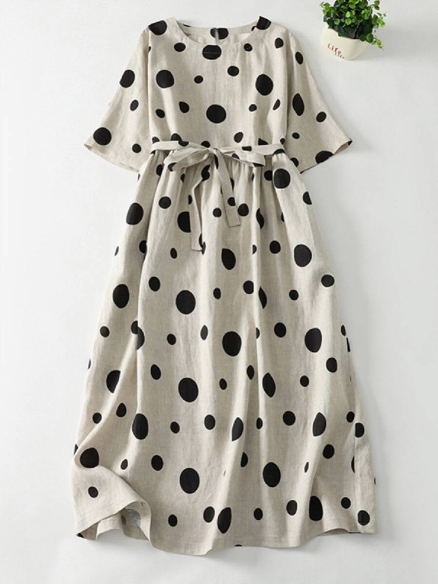 「同梱1万円送料無料」ロングワンピース カジュアル ドット柄ワンピース 綿麻 ロング マキシ丈 レディース 水玉柄半袖 ミモレ丈 ワンピース拍卖