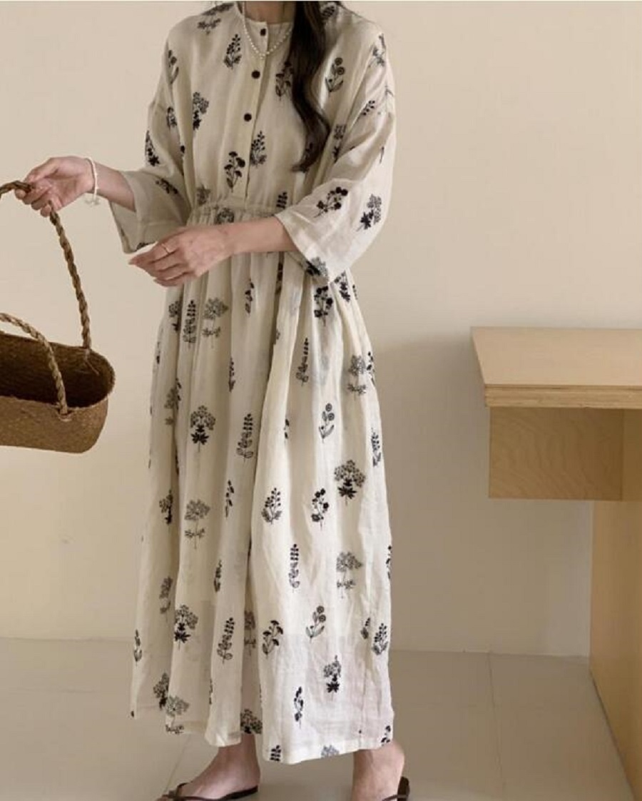 同梱1万円送料無料ロングワンピースシャツワンピースきれいめレディースAライン長袖綿麻プリント着痩せ大きいサイズ花柄フレアワンピース拍卖