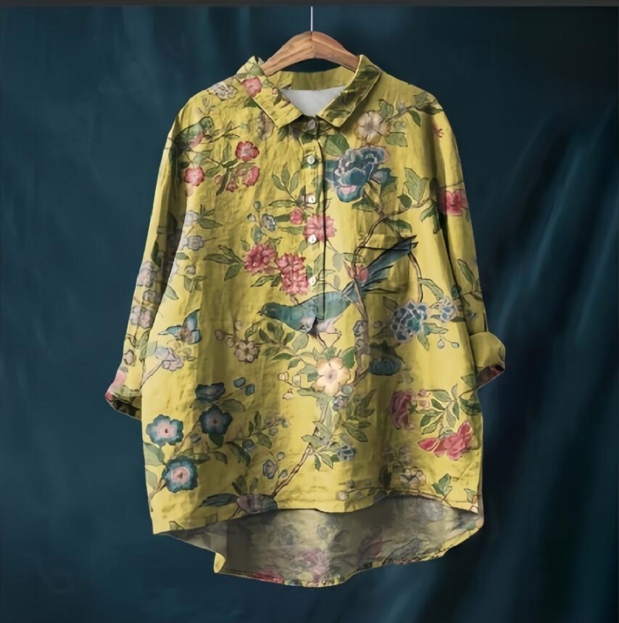 同梱1万円送料無料■シャツ ブラウス 着痩せ チュニックシャツ 綿麻 プリント柄 トップス レディース 長袖 体型カバー チュニック拍卖