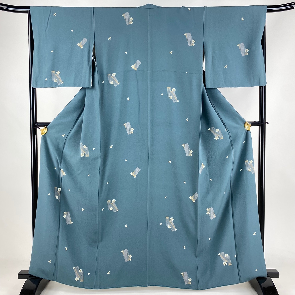 小紋 身丈162.5cm 裄丈66.5cm M 袷 短冊 桜 金彩 灰緑 正絹 秀品 【中古】拍卖