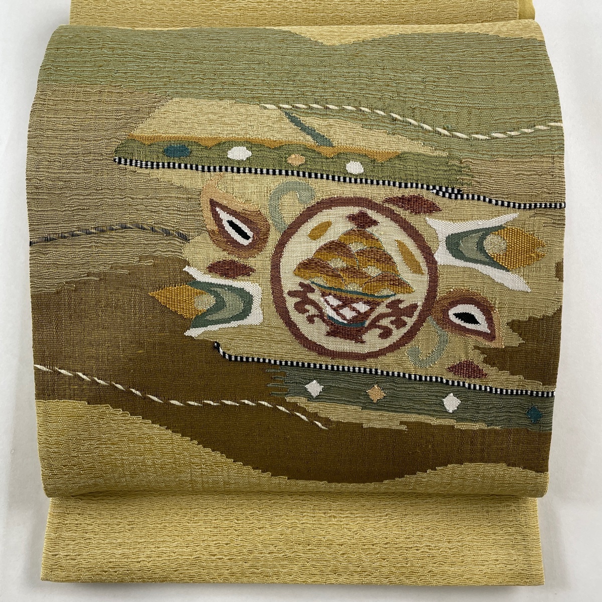 袋帯 美品 秀品 幾何学 金糸 薄茶色 お太鼓柄 正絹 【中古】拍卖