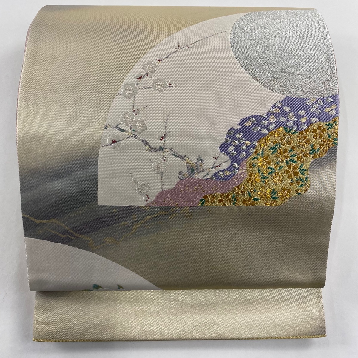 【在庫一掃】 袋帯 美品 秀品 枝梅 桜 箔 刺繍 クリーム お太鼓柄 正絹 【中古】拍卖