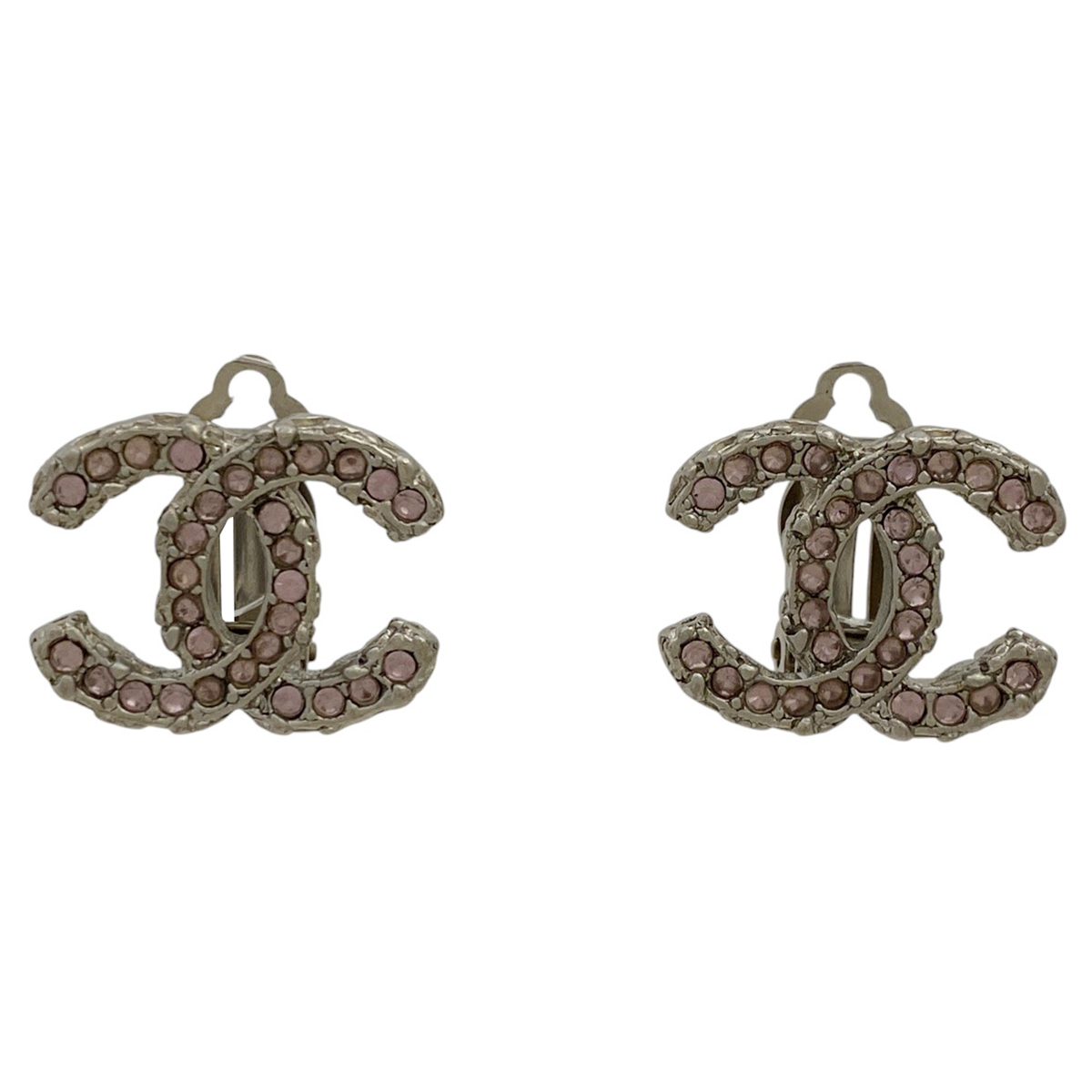 【在庫一掃】 シャネル ココマーク ラインストーン イヤリング CCマーク イヤリング シルバーメッキ シルバー ピンク 【中古】拍卖