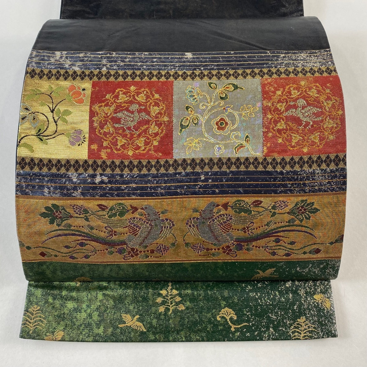 【在庫一掃】 袋帯 美品 秀品 鳥 草花 箔 深緑 お太鼓柄 正絹 【中古】拍卖